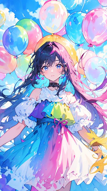 best quality,(masterpiece:1.3),ultra-detailed,1girl,Abstract watercolor painting of a little girl,rainbow colors::1,colorful background,colorful hair,long hair,colorful dress,balloon,abstract watercolor painting of cartoon clouds with emoji,rainbow colors,Gradient,blue and pink tone colors,