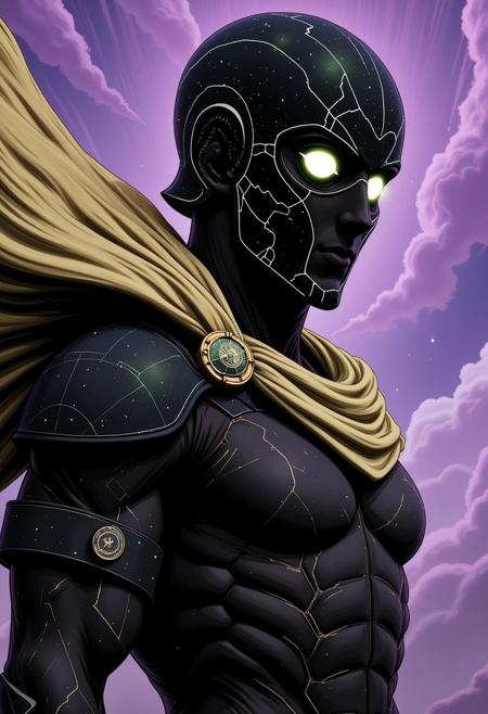 M100-style, ultra realistic, portrait of a confident archer with cosmic helmet cape that is getting pulled heavily by the wind, Atmospheric lighting, beige and black colored, galaxy Aura, Upper Body dynamic shot, purple sky line, Clouds,