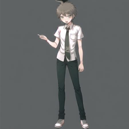 (danganronpaHajimeHinata), solo, masterpiece, high quality, detailed face, highly detailed, (1male), 20 years old,  looking to the side, rejection, short hair, brown hair, shirt, standing, full body,  hand up <lora:danganronpaHajimeHinata:0.7>