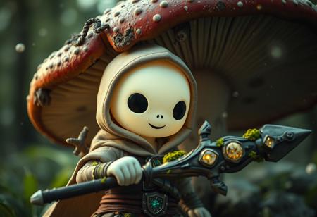 A cinematic close-up of a tiny Kodama Warrior with a smooth, ghostly white head and a gentle, friendly smile. He wears an adventurer's outfit inspired by Link from Zelda, with a small hooded cloak and forest Armor gear. His skull-like Kodama face glows softly under the hood. In one hand, he wields an impressive nature-based weapon—twisted wood, glowing moss, and embedded forest crystals give it a primal, ancient energy. Behind him, a massive, partially eaten fly agaric mushroom looms, its red cap dotted with white specks, adding an eerie and atmospheric backdrop. Floating particles drift through the forest air, catching soft rays of mystical light. Enchanted woodland vibe, photorealistic, ultra-detailed, shallow depth of field, cinematic composition and lighting.