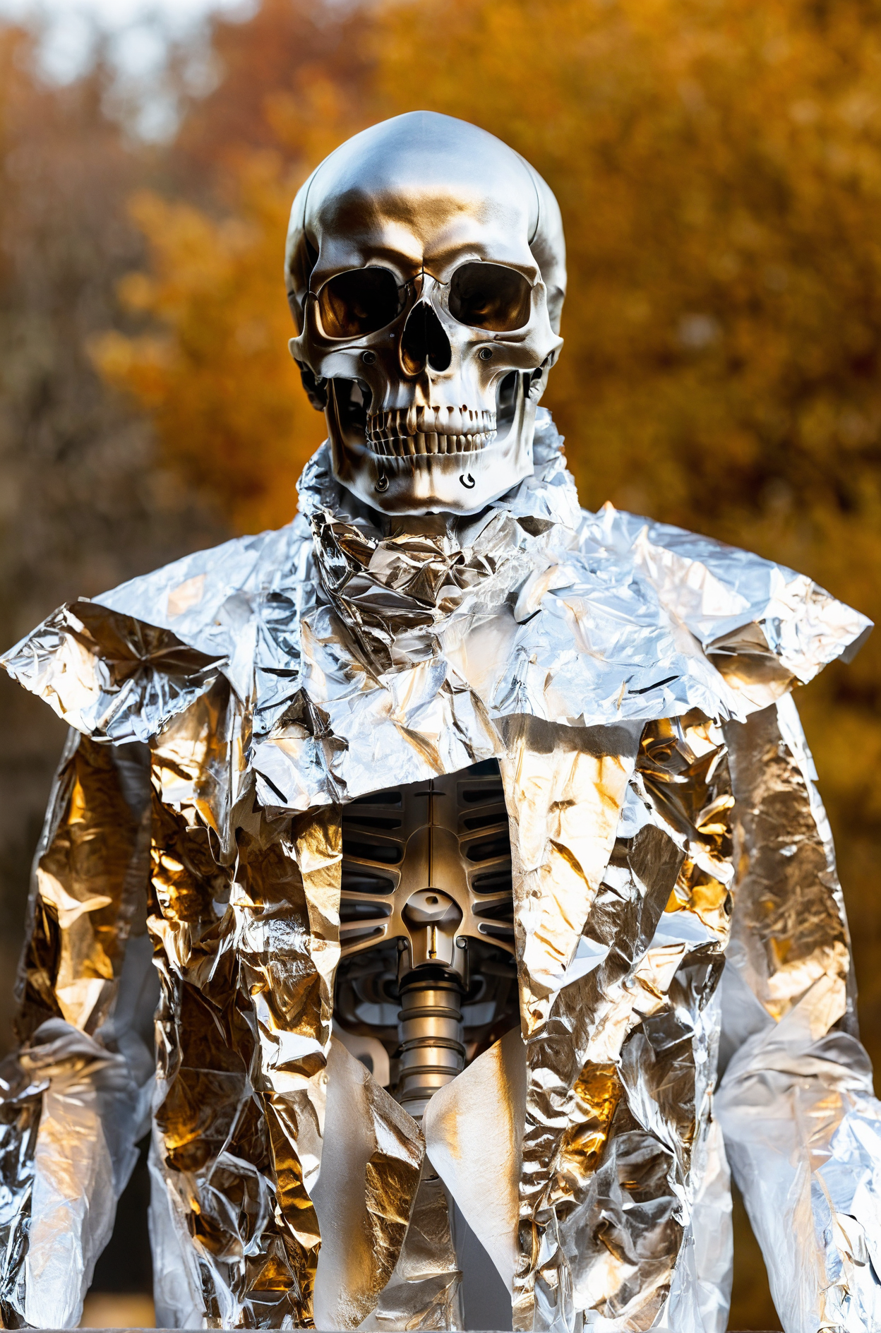 autumn palette,skull,refined accessories,exterior shot,warm tones,half body covered in crinkled aluminum foil,humanoid mac...