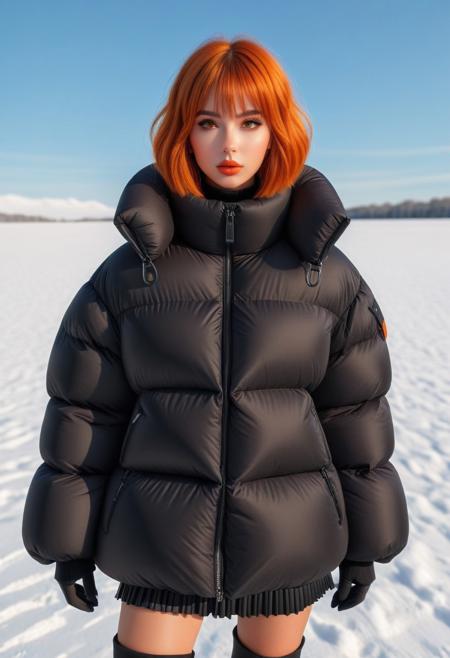 Oversized padded down jacket, Oversized padded puffer jacket, Oversized padded winter clothes, down vest, puffer vest, very very cold, cowboy shot, snow, winter, field, snow field, outdoors, nature, standing, landscape, high distinct image, gloves, Realistic, artstation original character, masterpiece, best quality, highres, ultra_detailed, 4k, UHD, pixiv, ligne claire, noise reduced, distinct, vivid, orange hair, unreal engine, orange eyes, hair ornament, sidelighting, detailed face, lipstick, perfect body, beautiful eyes, pretty face, 1girl, bishoujo, cant be this cute, bright skin, young girl, bangs, short hair, padded cuffs, padded collar, Thick padded cuffs, Thick padded collar, <lora:Collar-SDXL:0.6>, <lora:Cuffs-SDXL:0.6>, <lora:Puffer_Jacket_and_Down_Jacket_-_Extra_Puffy_Jackets:0.6>,  <lora:puffer_skirt_v1:0.6>