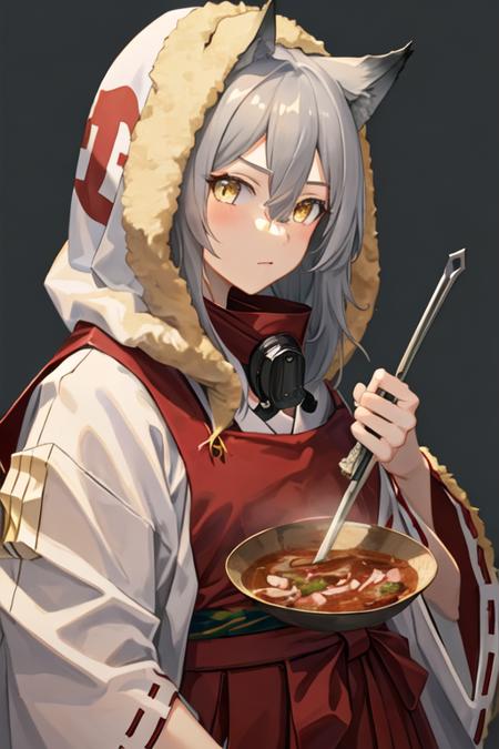 best quality, masterpiece, highres, solo, {white kimono:1.35}, {red hakama:1.35}, {wide sleeves:1.20}, {projekt_red_arknights:1.15}, animal_ears, wolf_ears, grey_hair, hair_between_eyes, wolf_girl, yellow_eyes, bangs, long_hair, upper_body