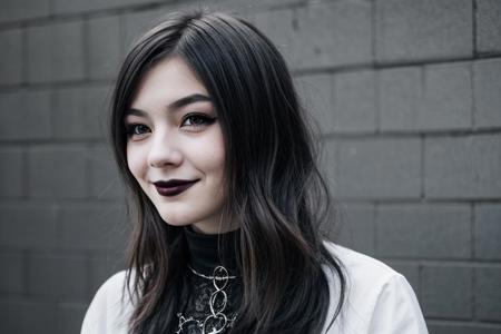 Teen brunnete nordic goth girl | tattoo | smile | dark | in dark room | Adult | On street | High quality | gothic makeup | realistic | informal | cute girl | bob cut hair | choker