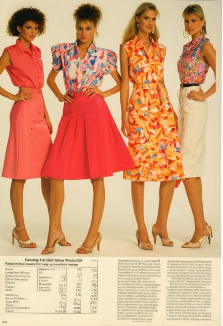 a complete page taken from a mailorder catalog from summer 1987, 
contemporary page design with product descriptions, 
3-5 female catalog models are presenting contemporary dresses and skirts and blouses and other summer clothing from 1987