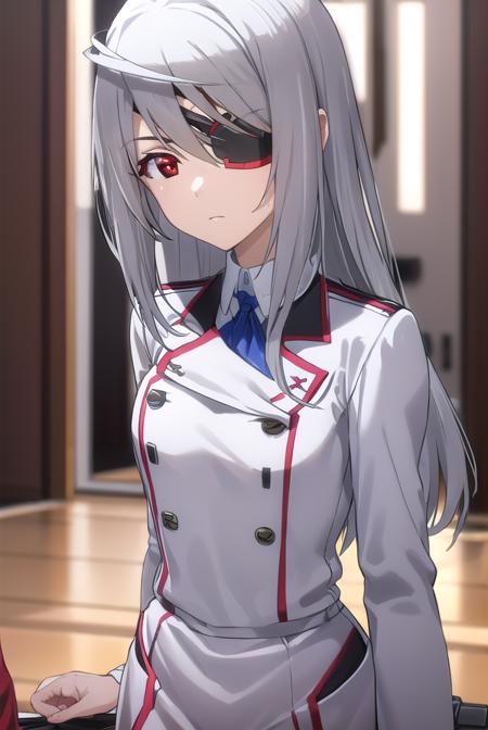 laurabodewig, <lora:laura bodewig s2-lora-nochekaiser:1>,
laura bodewig, long hair, (red eyes:1.3), grey hair, eyepatch,
BREAK school uniform, ribbon, blue ribbon, long sleeves, (red trim:1.2), uniform, military uniform, (white military uniform:1.5),
BREAK indoors, classroom,
BREAK looking at viewer, (cowboy shot:1.5),
BREAK <lyco:GoodHands-beta2:1>, (masterpiece:1.2), best quality, high resolution, unity 8k wallpaper, (illustration:0.8), (beautiful detailed eyes:1.6), extremely detailed face, perfect lighting, extremely detailed CG, (perfect hands, perfect anatomy),