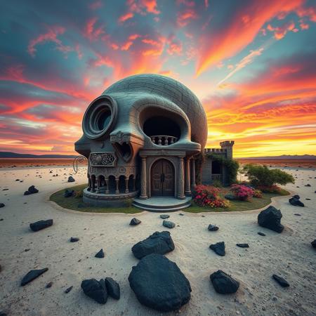 wide angle landscape image of an intricately designed, gothic-inspired house shaped like a human skull, with a grand, ornate entrance in its mouth and two circular windows resembling eyes. It stands alone on a dry dusty plain with hues of grey-white, littered with jagged black rocks. The  house's surface is decorated with subtle, eerie carvings and intricate stonework, a neat garden surrounds the house, with vibrant, curly vines and exotic flowers, as the sky above is set aflame by a vivid, pink-orange-purple sunset, casting a warm, golden glow over the entire scene