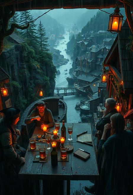 view from above, (masterpiece hyperrealisitic, medium format camera shot, fantasy oil painting, concept art 8k, high quality, detailing, textures)  Imagine a spooky atmospheric perfect fantasy tavern  with happy perfect hyperrealisitic pirates drinking beer, with cozy candle light, rain reflections, by the river, ( in the background a large fantasy hyperrealisitic bustling port town city metropolis sprawls), nestled between a verdant, ancient forest, encircled by cliffs and city bridges across the river used for logging, taking it to the perfect pirate ships and the crashing waves of the vast, unexplored ocean.