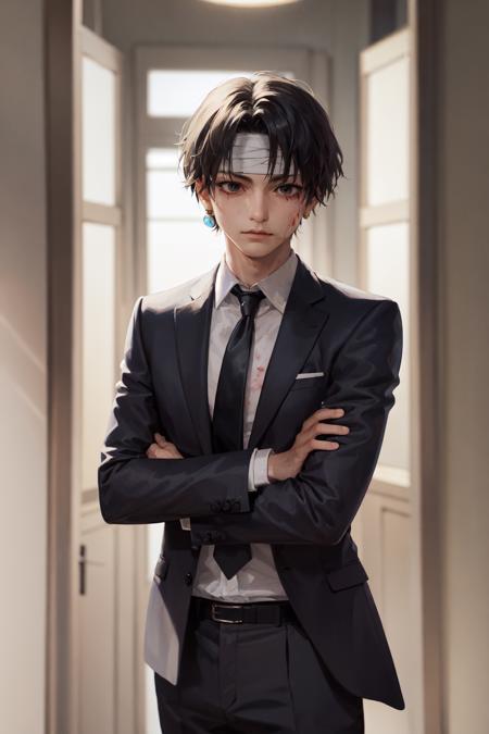 (masterpiece, best quality:1.2), <lora:hxh_lucilfer-10:0.8>, cowboy shot, solo, male focus, 1boy, chrollo lucilfer, expressionless, closed mouth, crossed arms, formal, black suit, collared shirt, black necktie, black pants, black pants, jewelry, bandages, (blood:1.1)