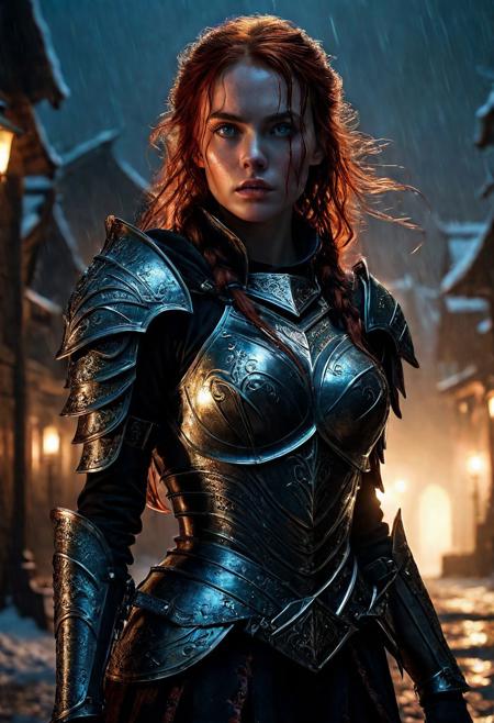 Ultra detailed digital art masterpiece Warrior girl dressed in a iron Armor and winter coat, standing in a bloody battle, looking thoughtfully into the distance, dark fantasy medieval dirty Town, perfect lighting, beautiful Sadie Sink as Warrior girl, attractive woman, elegant, attractive figure, sinewy athletic body, unreal engine 5 nanite quality, mixed with dark elements, dark environment, very cold winter night, clean dark velour witch clothing, LOTR style, dark washed out eyeliner, no make up, natural pale bloody face, realistic blue eyes, ultra detailed atmospheric details, beautiful glowing effects, sparkle effects, realistic body proportions, beautiful face proportions, complex masterpiece, wavy red hair, creative glowing detailed tattoos, complex physics, enhanced colors, complimentary colors, ultra detailed raytracing reflections, Ultra detailed complex background, environment feels alive, direct eye contact, dramatic lighting, wet and sweaty skin, beautiful firm Breasts, Concept art portrait by Greg Rutkowski