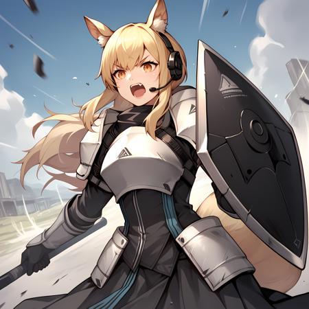 Nearl_Arknights animal ears, horse ears, blonde hair, animal ear fluff, headset, horse tail, white armor, black long black skirt, shield