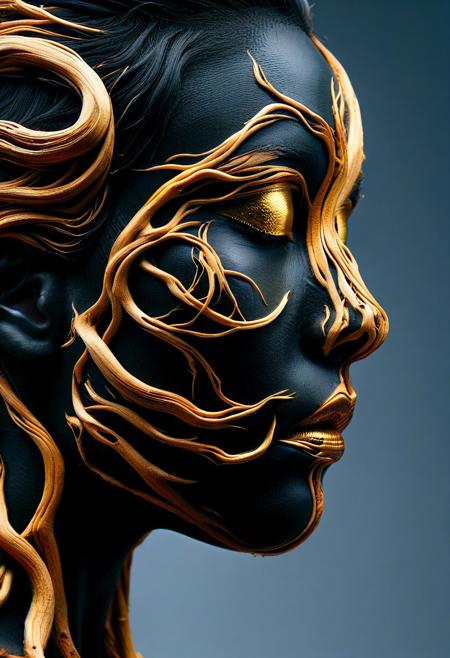 PG-TR,(film grain),ultrarealistic 4k,photoart_style, vivid, minimalist, beautiful black face, golden make-up,side view profile,realistic, Wide angle lens, high contrast, dark black tone,Cinematic Lighting, movie-level texture, hand-painted details, epic, meticulous,perfect composition, dynamic play of light, rich colors, epic shot, perfectly quality, natural textures,high detail, photoshadow, (natural colors, correct white balance, color correction, dehaze),(intricate detailed), YurYuna
