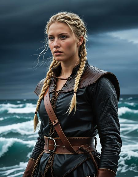 RAW full body image of a gorgeous 25 years old Gorgeous Viking Woman blond, braided hair, <lora:NordicByNature:0.8>,Stormborn Explorer, A Viking woman navigating rough seas in a longship, her leather,clad form bracing against the raging storm overhead.,low light, soft natural light, Rembrandt style light, Hasselblad DLSR camera, 200mm Zeiss lens, f/2.8 clear focus, high resolution image, (soft naural light), (rembrandt light), (soft shadows) ,Sexy pose, erotic pose, exhibitionism,