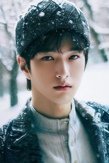 (winter ,snowy:1.3),(RAW photo:1.2), close-up, (photorealistic:1.4),(masterpiece:1.3),(best quality,1boy:1.4), dreamlike, (detailed eyes),(detailed facial features), (detailed clothes features) 1boy, ((full body)),solo, cute,(medium breasts), black hair, black eyes, crystal pendant, Long blue scarf,White long wool coat(detailed face), grunge,(high detailed skin:1.2),soft lighting, high quality,