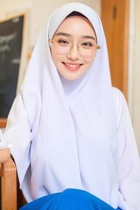 (masterpiece), (high quality, best quality, realistic, expressive eyes), classroom, (upper body), 1girl, mature female, (white hijab:1.1, white dress, blue skirt:1.1), glasses, smile,