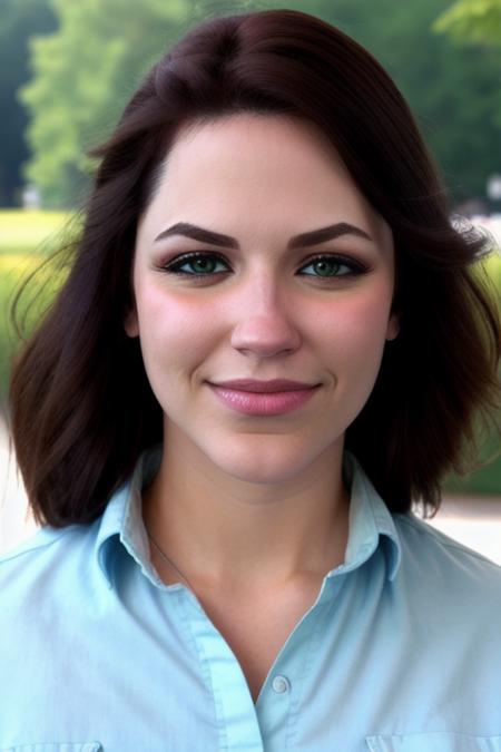 stunningly beautiful <lora:bobbiStarr:1>, pastel button up blouse, close up, perfect day at the park, stunning face, RAW, 8K, UHD, stunning eyes, smiling:0.5