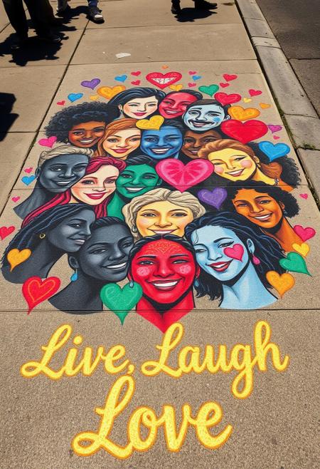 "On a sun-kissed sidewalk, a vibrant tapestry of color burst forth, as a masterpiece of chalk artistry unfolded, a kaleidoscopic celebration of joy and unity. Faces of every hue - ebony, ivory, amber, and rose - smiled and laughed together, their features blended in a harmonious dance of lines and curves. Hearts of every color - scarlet, sapphire, emerald, and gold - swirled around the gathering, a whirlwind of love and acceptance that seemed to pulse with the rhythm of a thousand beating hearts. Beneath the radiant assembly, the words "Live Laugh Love" shone like a golden mantra, etched in bold, curly script, as if the very pavement itself was proclaiming a message of hope and togetherness to the passing world." highest-Quality, intricate details, visually stunning, Masterpiece
