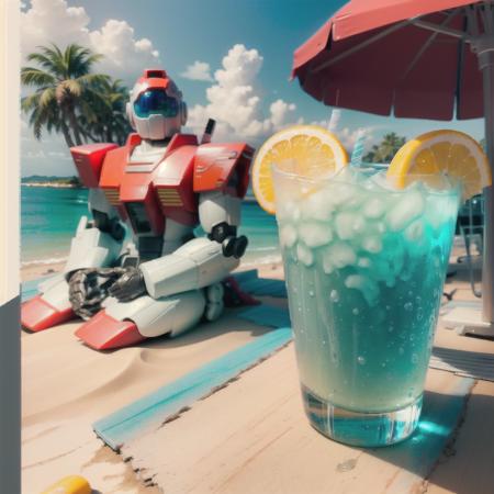 (masterpiece, best quality, ultra-detailed,cinematic scene), extreme detailed,highest detailed, best illumination, 8K,mecha, Sitting, beach chairs, sun umbrellas, light blue sea water, sunlight, warm colors, drinks, holding juice, palm trees<lora:JM:0.8>