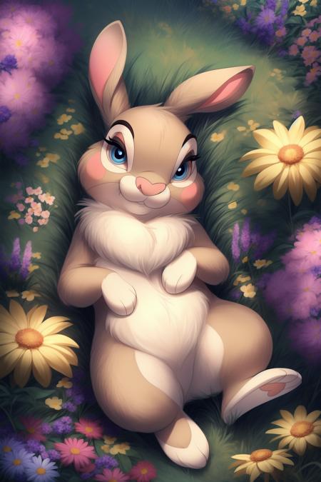 ((from above)), <lora:thumper_frv1:0.7>, (((thumper (disney)))), ((Miss Bunny)), ((feral)), (female), solo, fluffy, detailed fur, ((cream colored fur)), (((fluffy white furred cheeks))), ((((fluffy chest)))), ((sky blue eyes)), ((((long eye lashes)))), mammal, bunny, ((small feral bunny body)), ((looking cute)), hi res, ultra realism shading, detailed eyes, (((((mischievous, sexy eyes)))), ((laying on back on ground legs spread)), ((nature, grass, flowers, garden)),<lora:add_detail:0.7>, <lora:CartoonCraftLora_V1:1>, <lora:more_details:0.8>