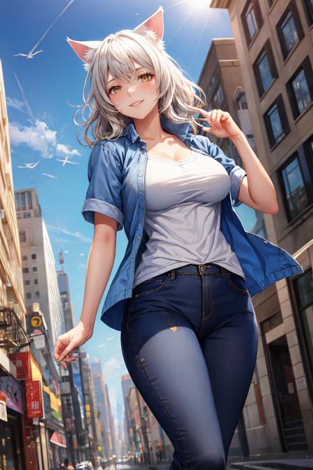 masterpiece, best quality, <lora:blkhanekawa-nvwls-v1-000009:0.9> blkhanekawa, short hair, cat ears, slit pupils, large breasts, blue jacket, white shirt, jeans, outdoors, walking, cityscape, street, looking at viewer, blue sky, smile