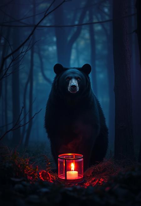 A black magic bear in black magic forest in black magic evening doing black magic things., atmospheric, cinematic, vibrant beautiful colors, masterpiece