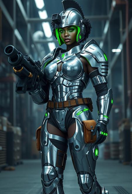 Videogame unreal engine 4 render image of a tall large bodybuilding buff muscular sexy hot black female soldier from the year 2150, cool sexy futuristic military character design, she has short curly hair, green eyes, green lipstick, she is tall and large and has huge breasts and muscles, she is wearing full body chrome military armor that's inspired by gladiators from Rome, including a roman gladiator helmet with a green transparent eye visor, the armor is chrome eith green LED embedded in it, her chrome armor is showing signs of damage and degradation, bullet marks, scratches amd grime, she is also wearing brown military and ammo pouches on her legs and belt, she is standing in a factory, carrying a large a large M134 GAU-17 “Vulcan” cannon with both hands, industrial lighting, epic pose.