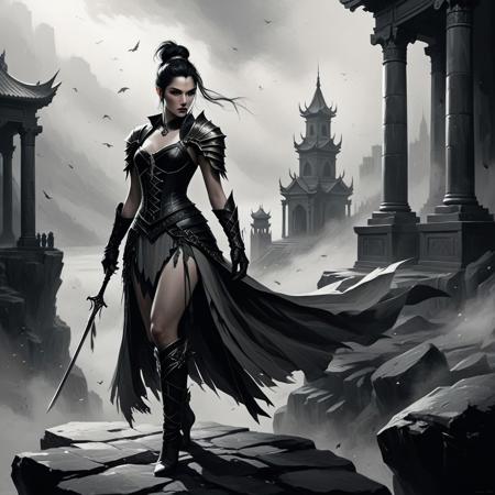 A dramatic fantasy digital painting of Morrigan, female elementalist mage, standing in profile on a rocky cliff edge, looking into the distance. She has dark hair styled in a high bun and wears a form-fitting dark leather corset armor that blends with the shadows, making it subtly visible. Her lower body is clothed in a dark, skirt-like garment that flows and flutters dramatically in the wind. She wears dark leather armored gloves extending to her elbows with claw-like fingertips.
The background features misty, atmospheric architectural structures - columns or towers rendered in soft gray tones that fade into fog. The lighting uses strong chiaroscuro technique with dramatic light-dark contrasts. The color palette is muted and consists primarily of grays, browns, and warm ochre tones creating a melancholic, mysterious atmosphere.
Art style: Digital concept art similar to video game artwork, painted with soft brushstroke techniques and sfumato-like blending. The composition should have cinematic, romantic realism qualities with layered depth and atmospheric perspective. The wind effect should be prominent, showing fabric movement and creating dynamic energy in the scene. Overall mood: epic, mysterious, and dramatically lit fantasy art.
realisticvision-negative-embedding, xiangao, monochrome