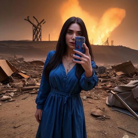 A selfie style photo of the last 25 year old woman from the last day of human kind on earth, extremely detailed, apocalypse, end of times