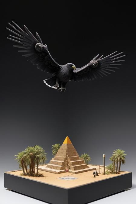 A highly detailed paper model cutout diorama depicting a Big black raven, thunder and lightning in black sky, behind him a desert and red space with a mayan piramid, the black raven is flying and open his wings, a plane hit by a storm flying in the distance. Intricate paper craft peephole box masterpiece.