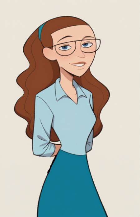 ReporterLady, score_9, score_8_up, blue skirt, blue shirt, glasses, hairband