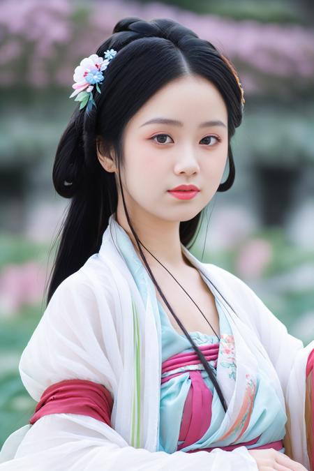 1girl,solo,long hair,looking at viewer,upper body,<lora:GUCHEN-09:0.8>,blurry background,hanfu,hair flower,