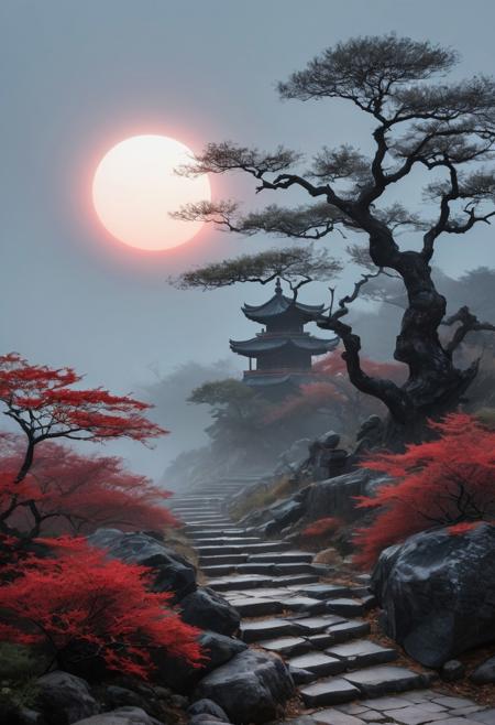 A tranquil landscape inspired by traditional Asian aesthetics, with gently rolling terrain blanketed in white mist and punctuated by clusters of dark, weathered trees. The color scheme is minimalist yet expressive—deep blacks for the tree forms, bright whites for the fog and ground, and muted crimson highlights glowing subtly from a distant moon. The moon sits low in the sky, casting a diffuse light that softens every edge and texture. The atmosphere is still and poetic, suggesting the quiet moments before dawn. Sparse foliage, worn stone steps, and a distant red-roofed pagoda hint at human presence in an otherwise natural setting. The textures are delicate and tactile—rough bark, cool stone, and feather-light mist—emphasized through soft gradients and depth. The entire scene is rendered with gentle brushwork and luminous tonal transitions, blending realism with romantic abstraction.