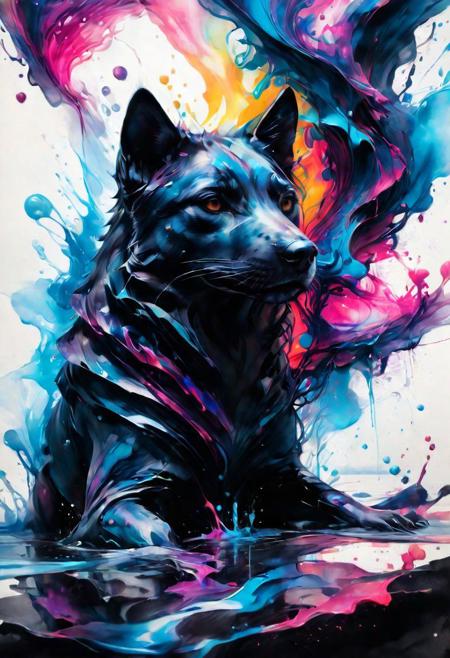 amazing watercolor painting  award winning, ((masterpiece)), ((best quality)), ((detailed)), Unparalleled, ((Enchanting)), ((Impressive)), a black wolf sitting on top of a reflective surface, cyberpunk art, inspired by Dan Mumford, furry art, details and vivid colors, electric wallpaper, beeple and jeremiah ketner, multicolored vector art, intricat, in a painting of a cat, full res psychedelic therapy, trending on ArtStation, ink splatters, pen lines, incredible detail, creative, positive energy, happy, unique, negative space, pure imagination painted by artgerm ,Surreal Harmony, yamer style, SLPASHTER_3-7000, Gorgeous splash of vibrant paint, paintmgc, colorful paint, Colorsplash