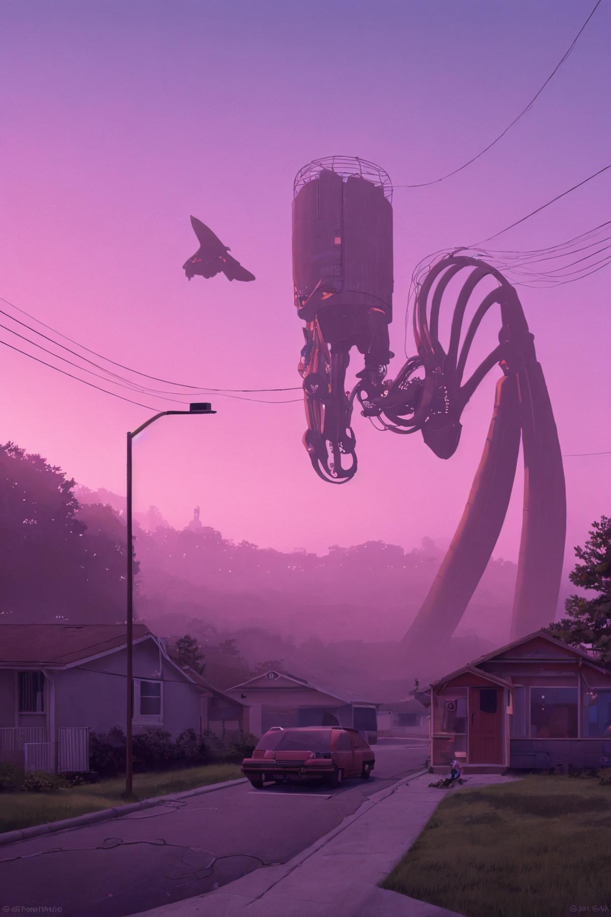 A purple sky with a giant robot and airplane.