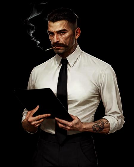 <lora:cedric peyravernay-000008:0.8>, 1boy, black background, black pants, cedric peyravernay, closed mouth, full body, holding, male focus, mustache, portrait, smoking, solo, tattoo, upper body, white shirt