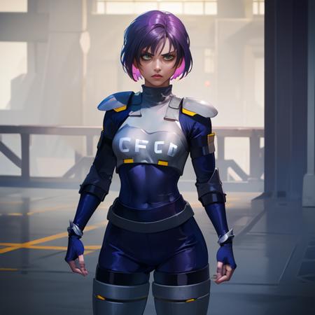 Kanoko, short spiky hair1:2,  purple hair,dark-skinned female,green eyes,makeup,(solo1:2) ,abs, serious expression,  rear shot,
KanArmor, navy blue tight bodysuit ,grey shoulder pads, grey knee pads,grey breastplate,fingerless gloves,cybercop,
(insanely detailed, beautiful detailed face, masterpiece, best quality)   <lora:Kanoko-10:0.7>