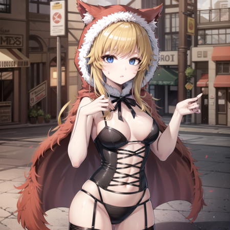 redcap illustrations of a female cartoon figure on a city background, wearing a furry corset, 1girl, blue eyes, blonde hair, blood, hood, thighhighs, solo, outdoors,