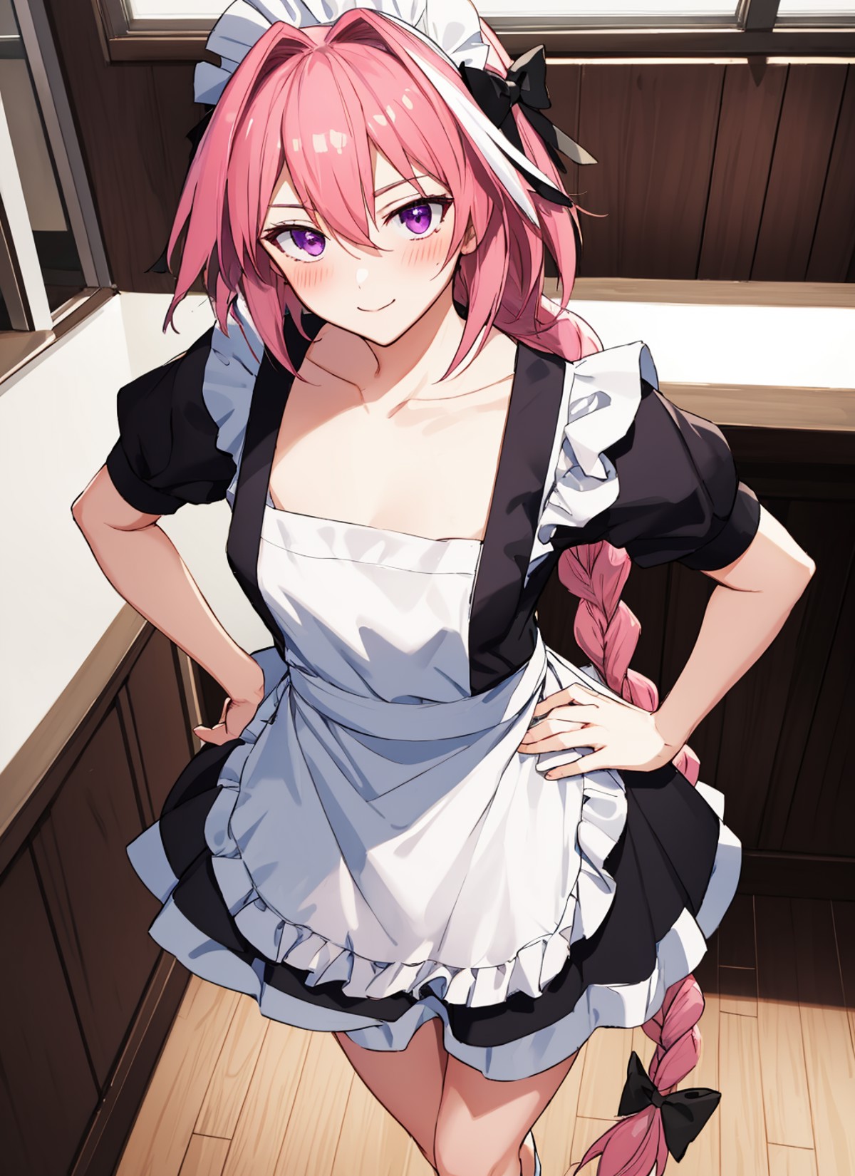 (masterpiece:1.2), ultra-detailed, illustration, absurdres, Astolfo, long braid, looking at viewer, purple eyes, hair betw...