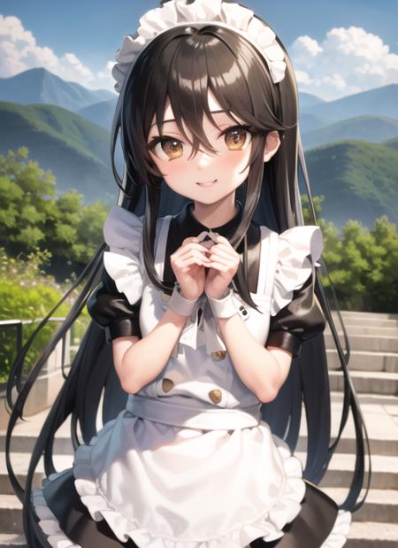 <lyco:shana1-000008:1.0>, shanablack, maid outfit, upper body, smile, blush, outdoors, day, simple background, blue sky, sky, temple, looking at viewer, stairs, mountain, moody lighting, facing viewer,