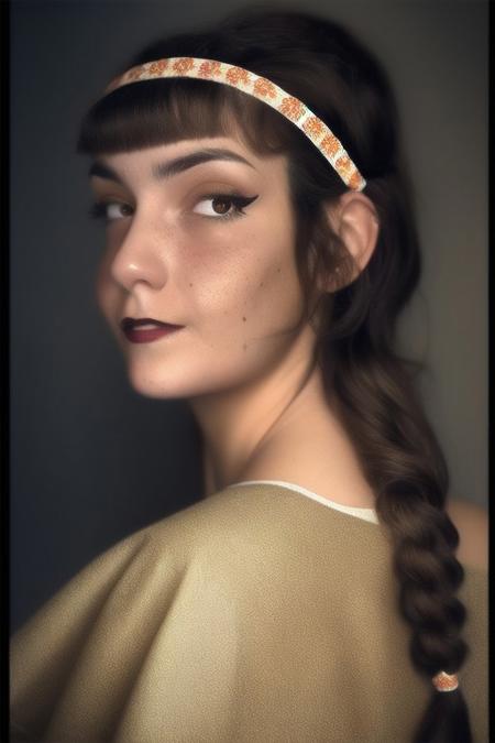 beautiful woman, (freckles), big smile, dark eyes, braided hair, dark makeup, hyper detailed photography, soft light, head and shoulders portrait, cover of a 21 year old woman with a serene expression and delicate features, her light brown hair is styled in a loose adult braid over one shoulder, mesmerizing eyes, no bra, she wears a blue headband with orange floral patterns, large HH bust, light hair on her face, skin imperfection, she has light tan skin and soft pale black eyes that convey a gentle confidence, her look is elegant and casual, with casual blue denim clothing, the lighting is soft and natural, enhancing the warmth and quality of the portrait. Engulfed in Red, a portrait of a pretty young French woman, intricate details, modern, 16k, digital art, artstation, cinematic lighting, vivid, professional film photography 3D model, a portrait of a pretty young French woman, faded film, desaturated, 35mm photo, grainy, vignette, vintage, Kodachrome, Lomography, smudged, highly detailed, found footage . octane rendering, highly detailed, volumetric, dramatic lighting