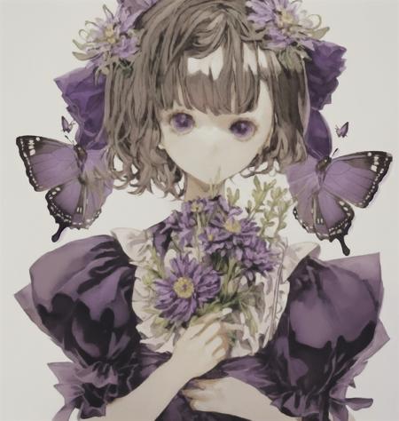 1girl, bouquet, bug, butterfly, flower, frills, holding, holding_bouquet, holding_flower, lily_\(flower\), looking_at_viewer, purple_bow, purple_dress, purple_flower, short_hair, simple_background, solo, upper_body, white_background, white_flower,<lora:yeqiche-000008:0.8>