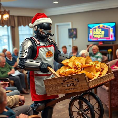 score_9, score_8_up, score_7_up, score_6_up, score_5_up, score_4_up, source_photo, detailed, high resolution, source photo,
BREAK  Robocop1024, big moustache, sombrero Santa hat, apron with a taco decal,
BREAK  Robocop1024 is visiting a retirement home, Robocop1024 is pushing a wooden wheel barrow full of tacos, beef tacos with cheese and salsa, he is handing out tacos as Christmas gifts to the residents of the retirement home, he retrieves the tacos from the wooden wheel barrow and gives them to the elderly residents,  Robocop1024 has a smile on his face as he hands a tacos to the joyful elderly residents ,the residents are happy to receive their Christmas tacos, many of the residents in the background have their Christmas tacos, the residents are sitting in chairs, there is a tv that is tuned to the price is right,
