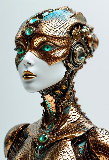 Behold the captivating union of human and reptilian essences. A robotic being's scaly head mesmerizes against a pristine white background, and its otherworldly eyes enthrall the viewer.
Experience a woman's enchanting metamorphosis, as she reveals a metallic body covered in copper and bronze scales that shimmer with a mysterious iridescence.
Mirrors and fabrics contribute to an otherworldly atmosphere, while the piece incorporates steampunk design elements to create a seamless blend of futuristic aesthetics. Explore the ever-changing dimensions of reality, as you delve into the enigmatic world of this mesmerizing artwork.
