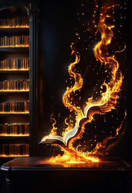 (((High quality, high resolution, extremely detailed, no humans, object focus, floating library of flames, neutral background, shelves constructed entirely from swirling fire currents suspended mid-air. Books are bound in crackling ember covers, their pages flickering like living parchment. Tiny wisps drift lazily between volumes, retrieving texts for unseen readers. Surrounding walls shimmer faintly, resembling molten gold veins encased in obsidian. Faint whispers echo through the space, carrying fragments of forgotten stories. )))
Tags: literary marvel, glowing accents, hyper-detailed textures, immersive storytelling, atmospheric serenity, cinematic grandeur.
Style: Mystical and captivating, transforming knowledge into a radiant experience.
((Background: gradient fading from shadowy black to blazing orange, emphasizing the interplay of light and shadow.))
