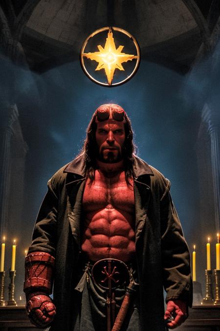 1man, solo, photography, close up, portrait of muscular hellboy man with no horn wears coat jacket in middle of altar with group satanic devil worshipper at night, swirl of blue ghosts, dim light, rim light, yellow magic energy, blue aura, dramatics, realistic, ornate,  low light, <lora:hellboylora:0.8> <lora:kVoidEnergy:0.4>