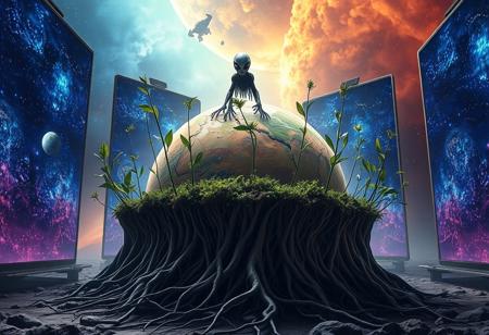 A ground planet  surrounded by large screens, held up by plants roots.  cosmos background with  a alien creature in space.