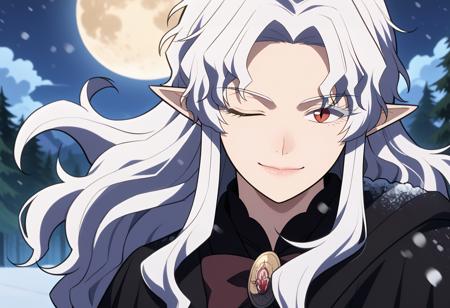 OpheliaSMLN long hair, wavy hair, white hair, parted bangs, red eyes, slit pupils, pointy ears black robe, brooch, mature