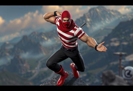 Muscular sentinel, dynamic action pose, Elborz backdrop, red & white striped shirt, black pants, red boots, obscured face, red mask, arms outstretched, vivid emotions, splash ink, octane render, Unreal Engine 5, Raphael style, trending on Artstation, isometric, golden ratio, CGSociety, 4k, detailed face & eyes, handcrafted, matte painting, captivating lighting.