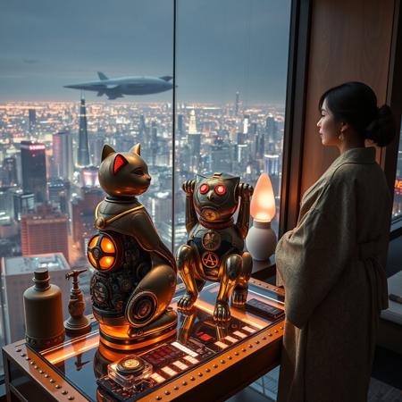 A intricately designed robot cat with steampunk-like visible gears, actuators, hydraulics, and machinery of high quality engraved precious metals and jewels, sits on a cluttered meta steampunk + cyberpunk style l riveted desk with transparent top and rgb led computer components visible inside, On the desk are a maneki neko statue and a lava lamp, The Robot Cat is looking out of a seamless and futuristic floor to ceiling window that looks out at a view from an apartment on the 400th floor of a futuristic Tokyo skyscraper, the year is 2250, The city has thousands of enormous wide and tall futuristic skyscrapers and space ships covered with lights in the sky, (((a beautiful 24 years old woman, is standing next to the robot cat looking out at the enormous city at night, filled with buildings of many shapes and sizes, some over a mile tall))), The woman is dressed in an ornate Japanese style bath robe. An enormous deco starship with futuristic lighting and design is visible high above the city, and a space station is visible in the background among the stars, The woman's hair is messy from just waking up and tied up with a ribbon. Artistic cyberpunk, dynamic perspective, The focus is on the robot cat and the woman standing together looking out the window at the view together, (((overall architectural aesthetic is Art Deco Cyberpunk))).  Mt Fuji can be seen in the far distance,