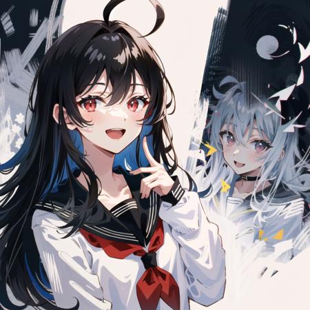 detailed,best quality,masterpiece,illustration,wallpaper,,1girl,solo,upper bodywhite bow,:d,smile,eyeliner,long hair, black hair,(ahoge:1.2),bangs,hair between eyes,gray inner hair,
red eyes,looking at viewer,black sailor collar,black serafuku,long sleeves,dimly lit